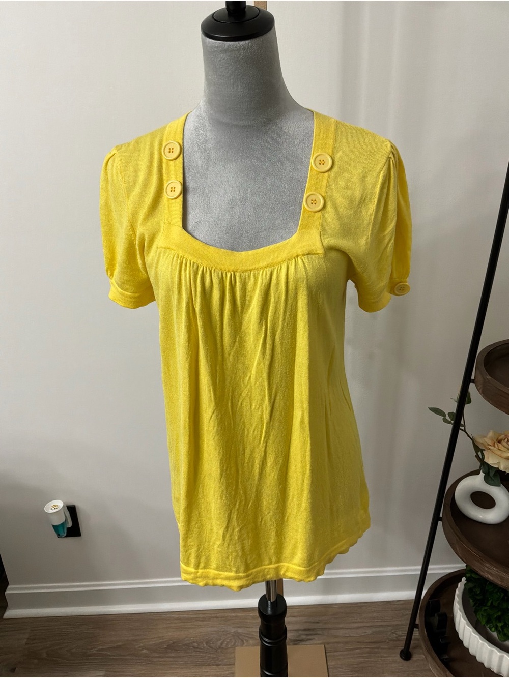 Yellow Short-Sleeve Scoop Neck Top with Button Trim